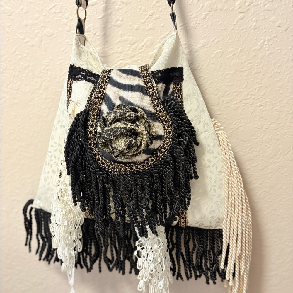 Handmade Boho Bag Upcycled Fringed Cross Body Art Purse Adj Lining W PStrap
